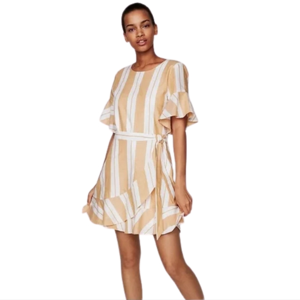 EXPRESS Tan Striped Faux Wrap Dress with Flutter Sleeves and Ruffle